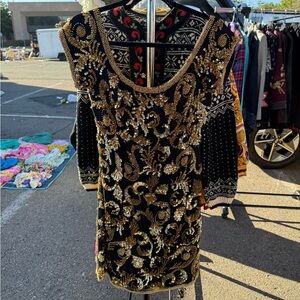 Vintage Black and Gold Embellished Mini Dress
